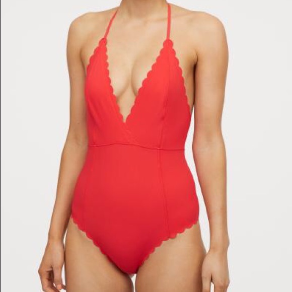 red scalloped one piece swimsuit
